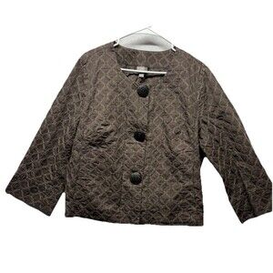 J Jill Brown Blazer Jacket Large Petite LP Pockets Embroidery Geometric Button